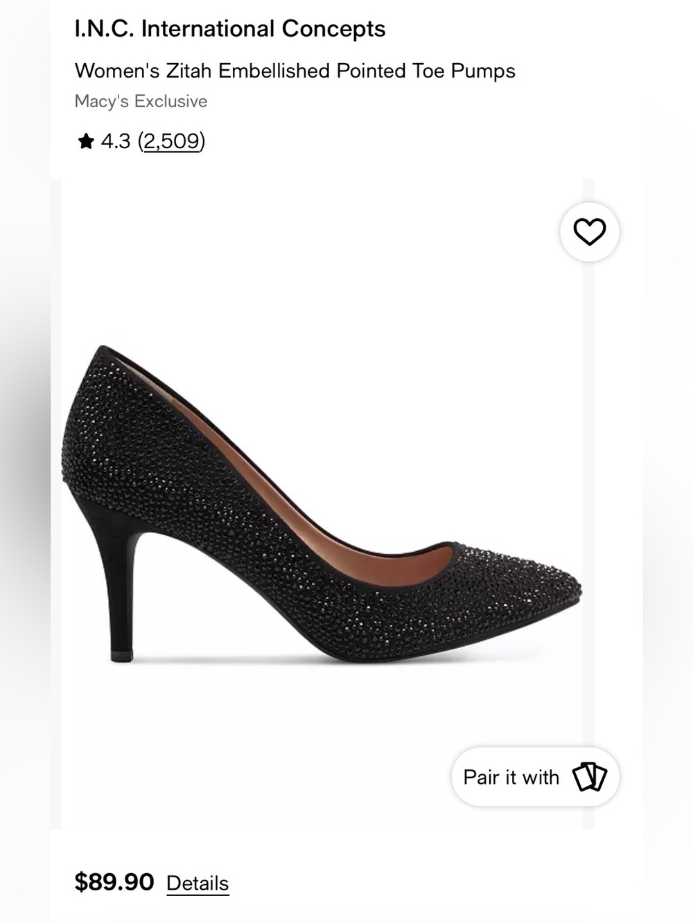 INC International Concepts Zitah Rhinestone Pointed Toe Pumps Black Size 6.5 - Picture 2 of 11